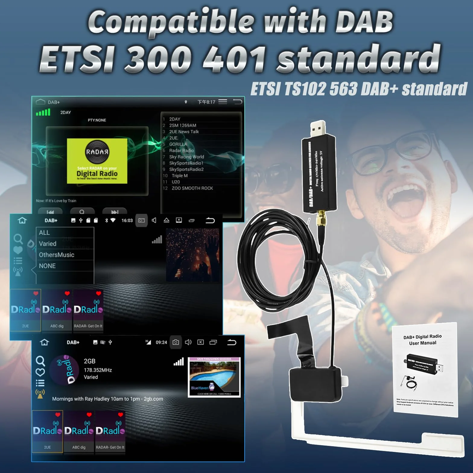 DAB Adattatore per Autoradio Android, Ricevitore Digitale DAB+ USB con Antenna Universale, Tuner Box con App, Facile Installazione Plug and Play