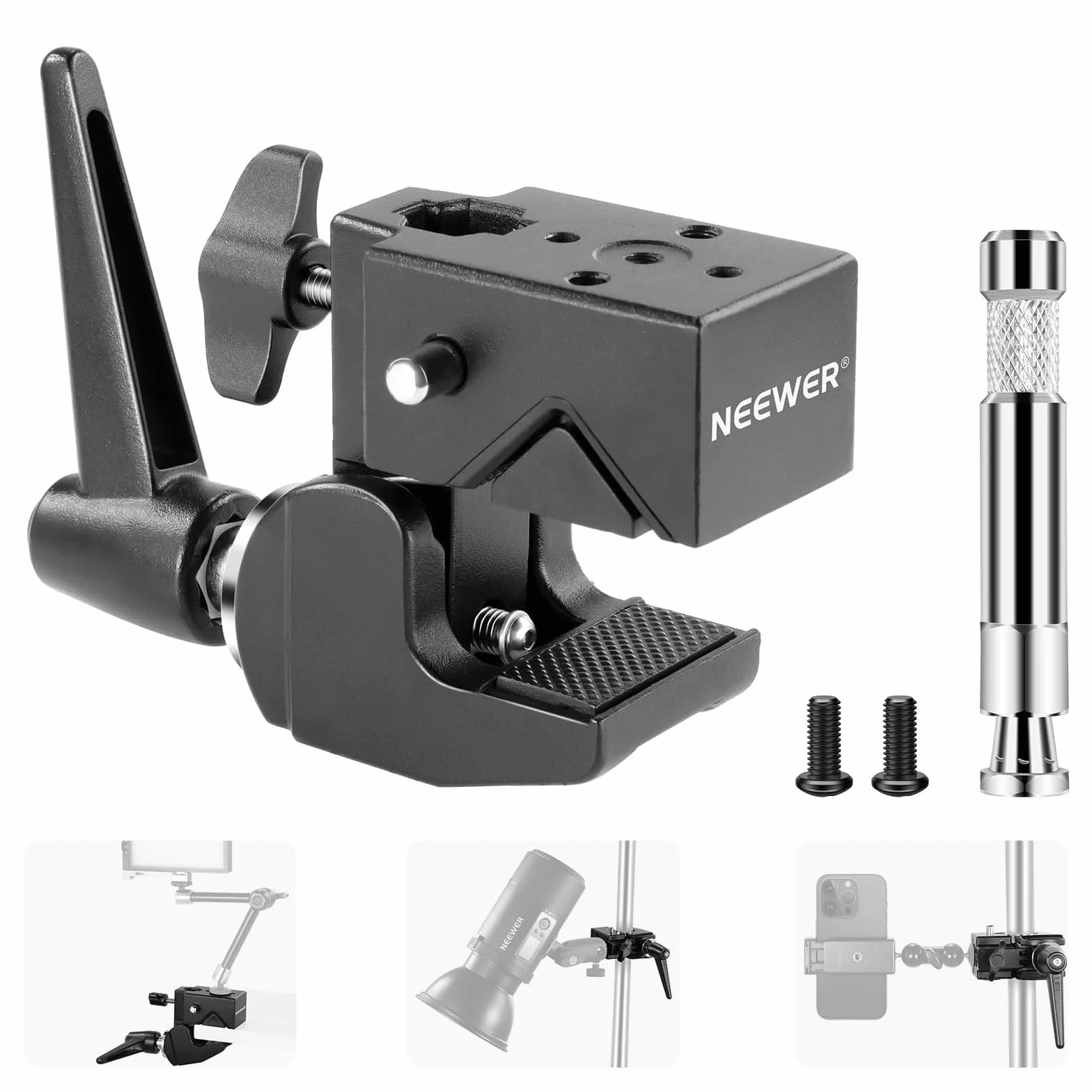 NEEWER 2pz Super Clamp con Perno 5/8", Blocco a Molla, Morsetto Ganascia da 2,4", Morsetto Granchio Robusto per Palo per Superficie Piana di Tubo Tondo, per Montaggio Luce Fotocamera, Max 15kg, UA017