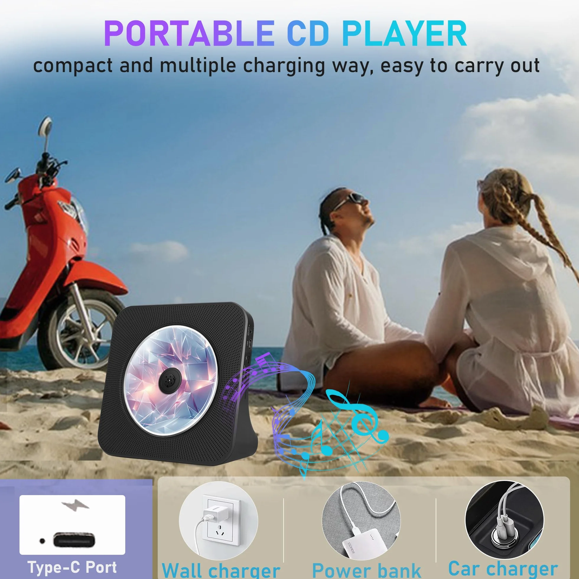 Lettore CD portatile con Bluetooth 5.0, lettore CD domestico con doppi altoparlanti stereo integrati, lettore musicale portatile per auto con Audio Boombox/AUX/USB