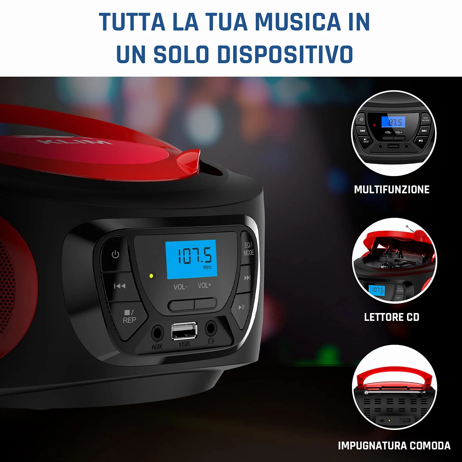 KLIM Boombox – Stereo Portatile Radio portatile FM, lettore cd, Bluetooth, MP3, USB, AUX - Batterie ricaricabili incluse - Connessione AUX e Wireless - Compatto e robusto - NOVITÀ - Rosso