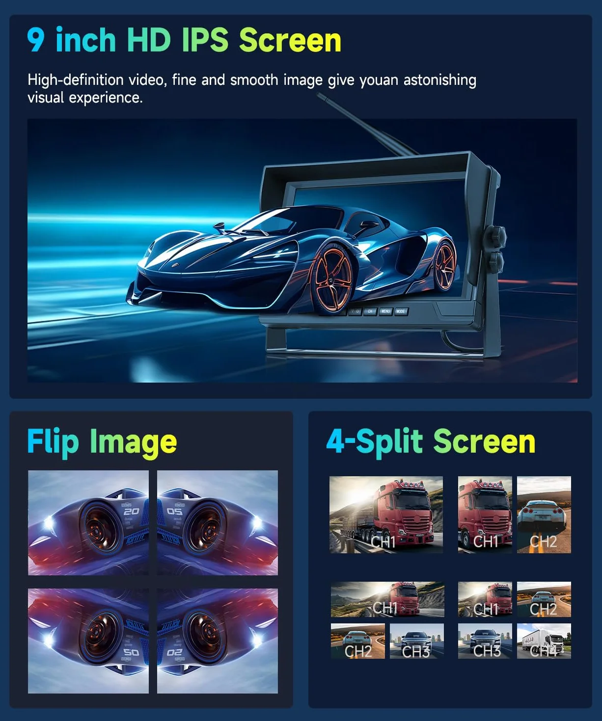 VECHTEL Kit Telecamera Posteriore IPS HD 9 Pollici senza Fili con 2 Telecamera, BSD/DVR, Telecamera Retromarcia Auto Wireless Impermeabile IP68 con Visione Notturna per Camion, Camper, Furgoni
