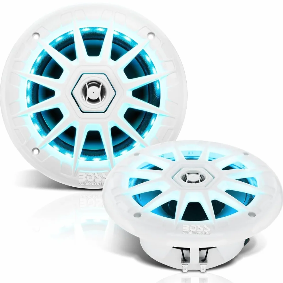 KIT SET PER BOSS AUDIO SYSTEMS MRGB65 2 altoparlanti marini full range a 2 vie da 6,5" 16,5 cm 165 mm, 100 watt rms 200 watt max, 4 ohm, impermeabili, con led rgb, a coppia + telecomando