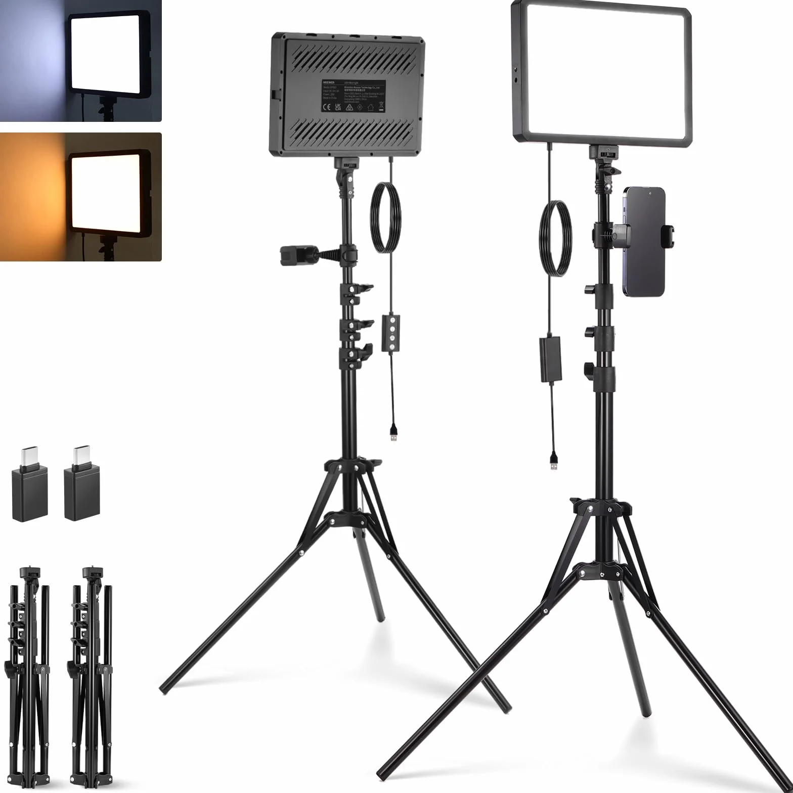 NEEWER BASICS Kit di Pannello Luce Video LED Basic (2pz) con 2 Stativi 59'' e 2 Portatelefono, Luce da Studio Dimmerabile Bicolore 2700-6500K 850lx/0,5m per Fotografia Riprese Live Streaming, BP300