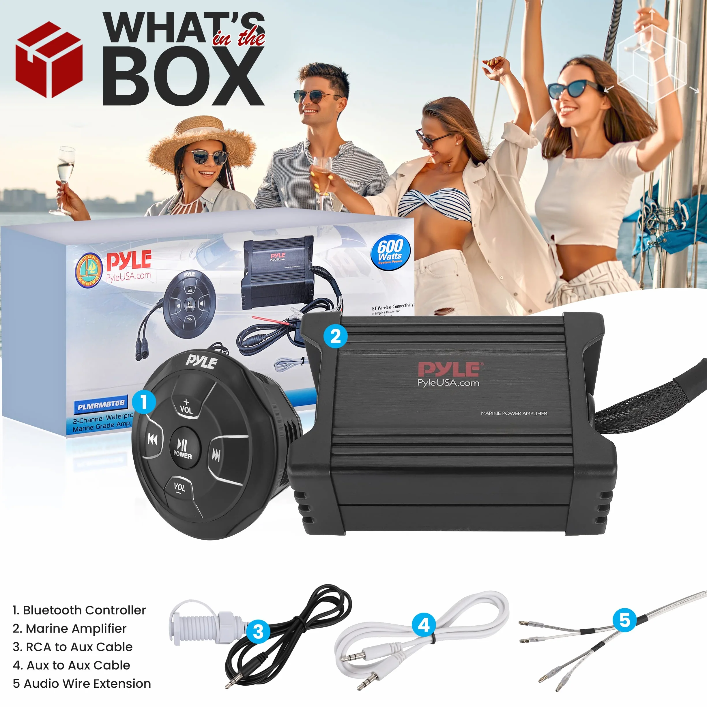 Pyle Marine Grade - Amplificatore Bluetooth a 2 canali, 600 Watt, colore: Nero