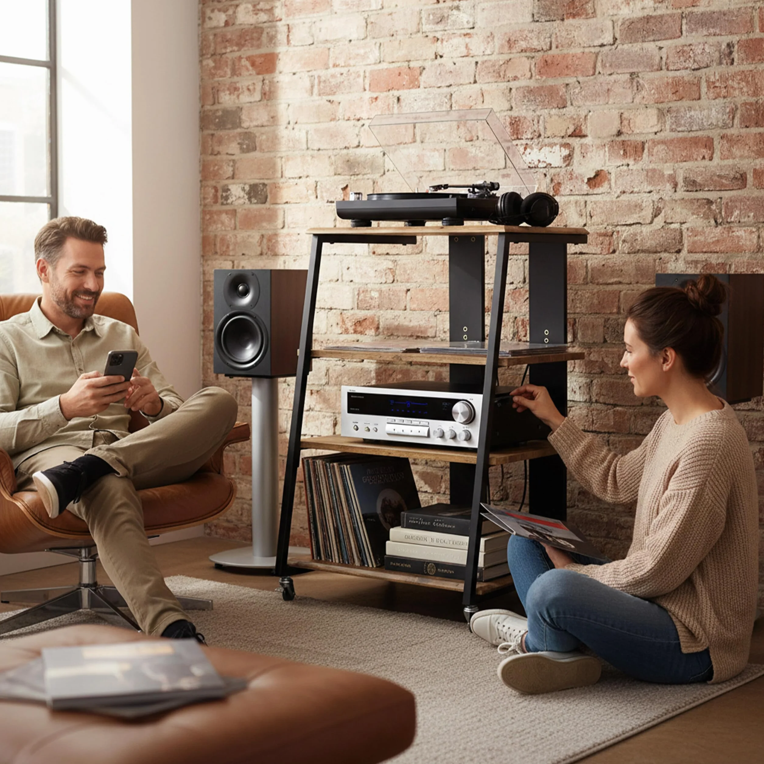 Relaxdays HiFi Rack, 4 Ripiani per Giradischi, in Ferro e MDF, 78x61x52 cm, multimediale Industriale, Marrone/Nero