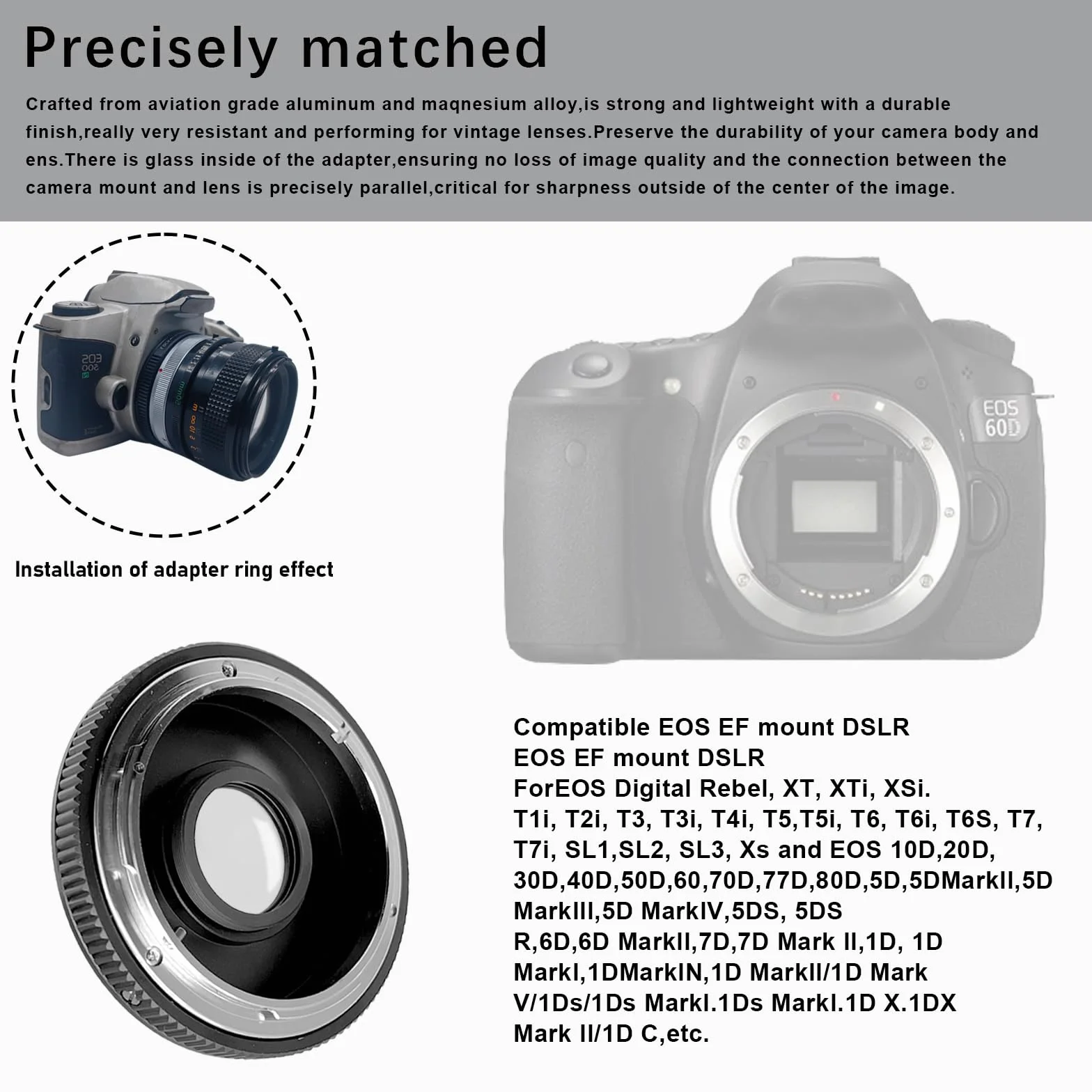 FD-EOS Adattatore per obiettivo per obiettivo Canon (FD/FL), compatibile con fotocamera EOS EF-S Mount 7D,10D,20D,30D, 40D,50D,60D, Rebel xt,T2i,T3,T3i,T4,400D,450D,1300D