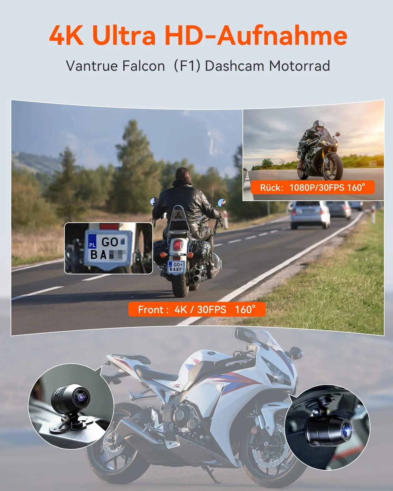 VANTRUE F1 4K+1080P Telecamera Moto Impermeabile IP67, 5GHz WiFi GPS Dash Cam Moto, Avvisi Vocali, 24H Rilevamento Collisione，Statistiche Chilometriche，WDR & HDR & APP, 300° Max 512G