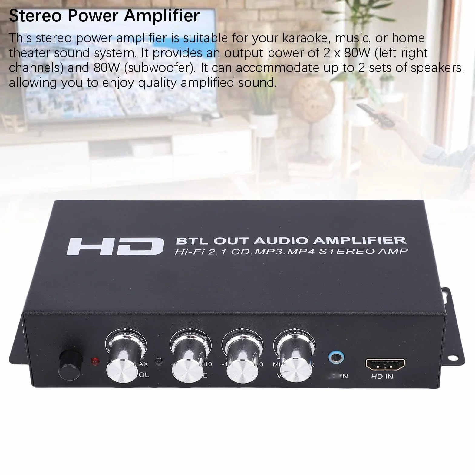 Amplificatore Audio Stereo Bluetooth HiFi Doppio Canale con Ingressi HDMI RCA AUX