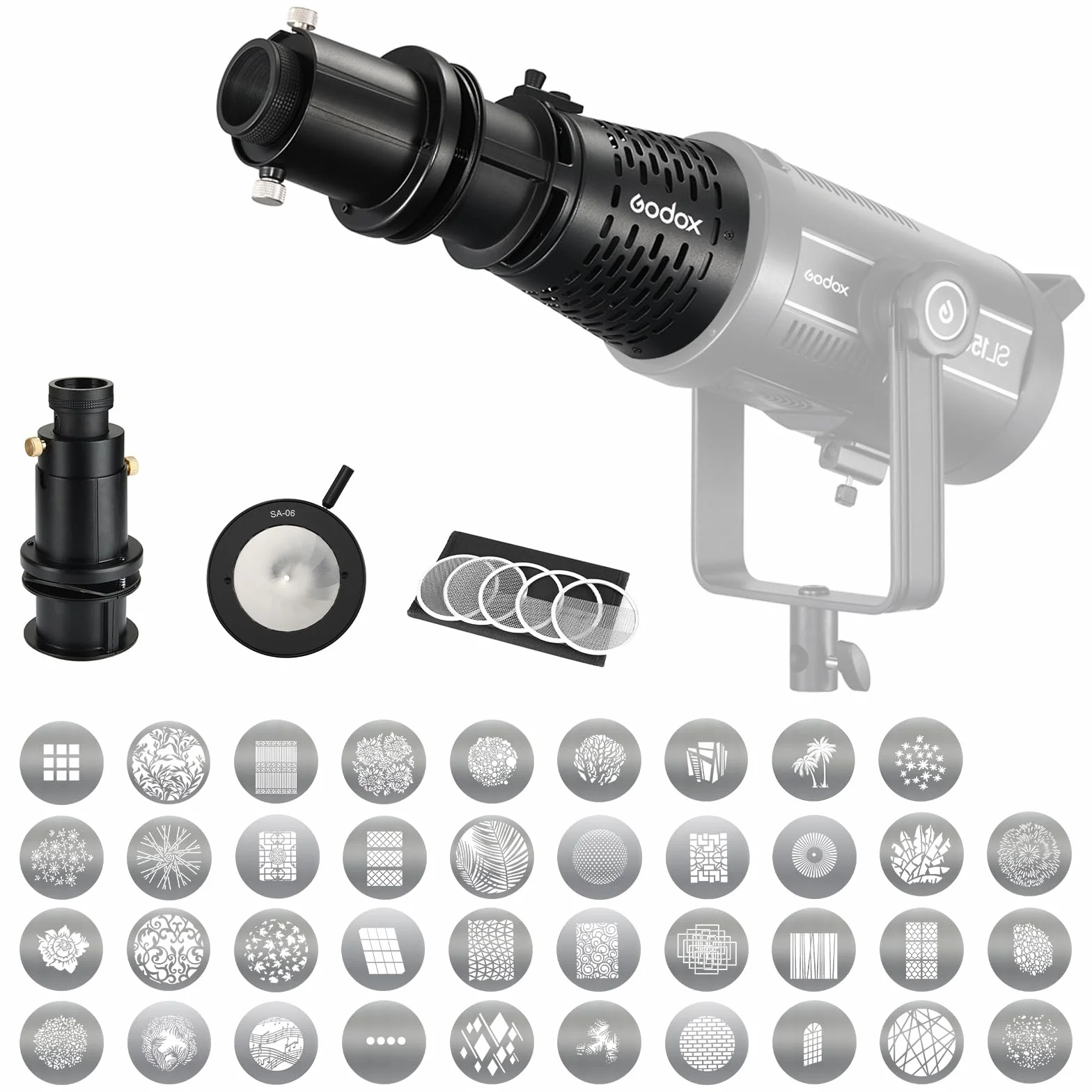 Godox SA-17 Kit con SA-06 SA-05 SA-P Snoot Ottico Bowens Conico Cilindro Focalizzatore per Attacco di proiezione per montaggio Bowens Luce permanente a LED Compatibile con tutti i montaggi Bowens