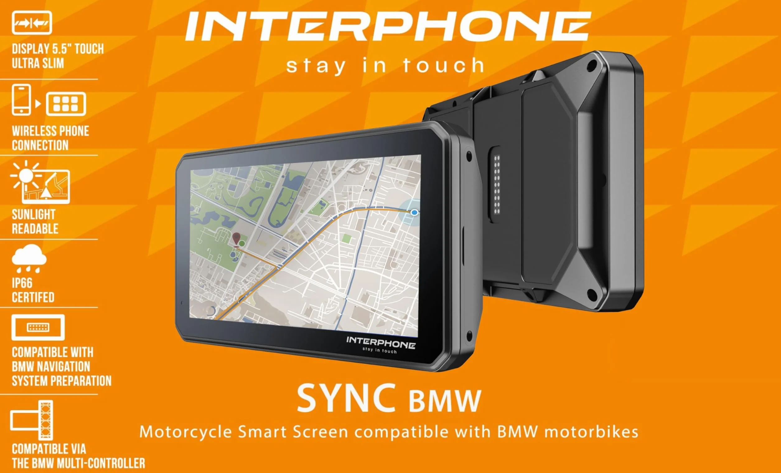 INTERPHONE SYNC55B, Smart Display per moto BMW, Schermo moto Wi-Fi e Bluetooth da 5,5" per utilizzo Carplay Apple e Android Auto, compatibile con supporto navigator originale BMW