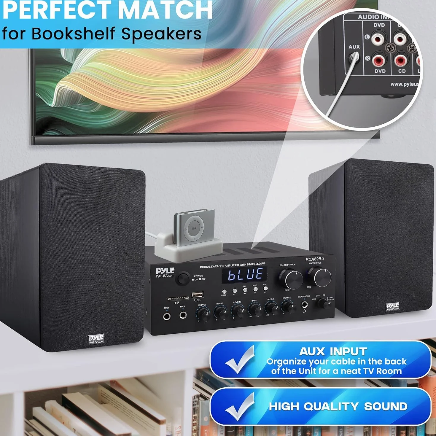 Pyle Amplificatore Audio Stereo Bluetooth 300 Watt Doppio Canale MP3 USB SD AUX RCA MIC Cuffie FM LED per Home Theater Studio