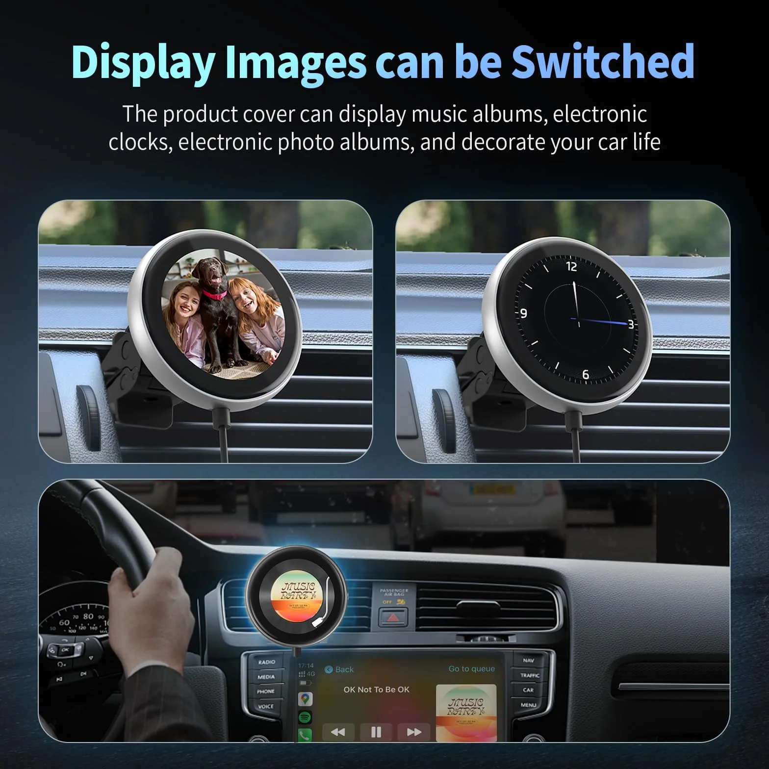 OTTOCAST Adattatore Carplay Wireless Clip, Plug & Play Dongle Wireless CarPlay con Display Elettronico può Mostrare Orologio Immagini Copertina di Album Musicali Compatibile con Auto con Wired CarPlay