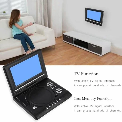 Lettore DVD Portatile da 7 Pollici con Schermo Girevole, Batteria Ricaricabile, Caricabatteria per Auto, Gamepad, Supporta più Formati e Funzione TV (Spina UE)