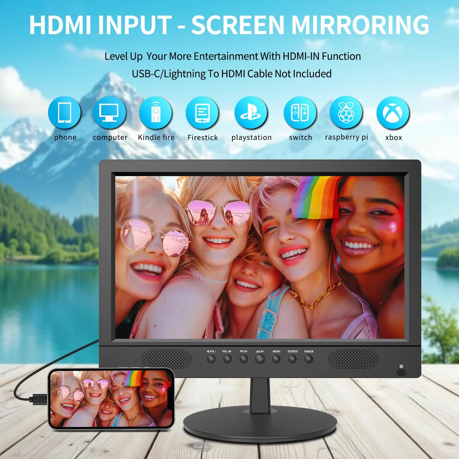 KCR TV digitale 16 pollici Freeview, sintonizzatore DVB-T2, ingresso AV, HDMI/VGA, slot USB, alimentazione da auto (12 Volt) o da rete elettrica, telecomando,H.265