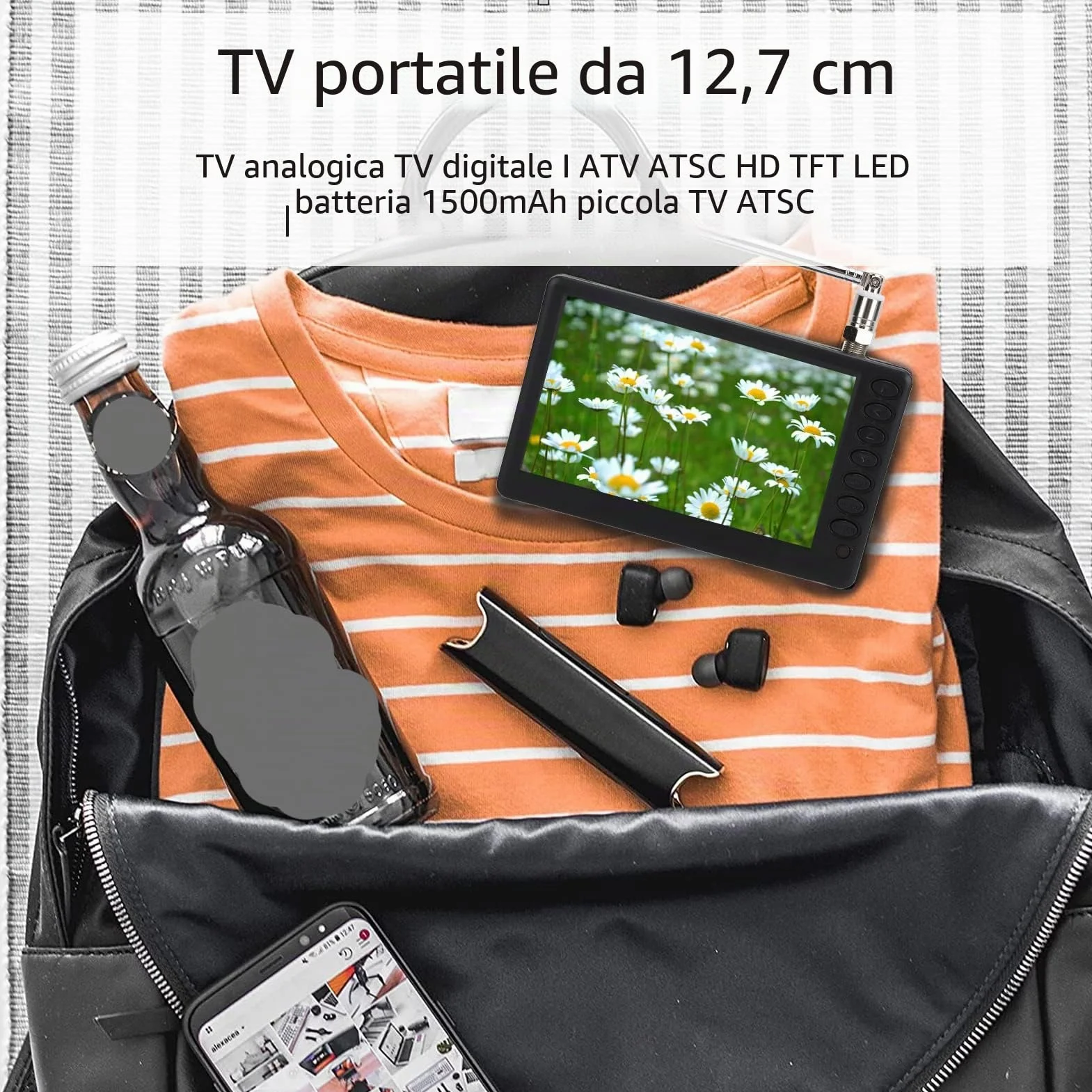 TV Portatile da 5 Pollici ATSC HD TFT LED Mini TV Digitale 1080P con Telecomando e Batteria 1500 mAh per Auto