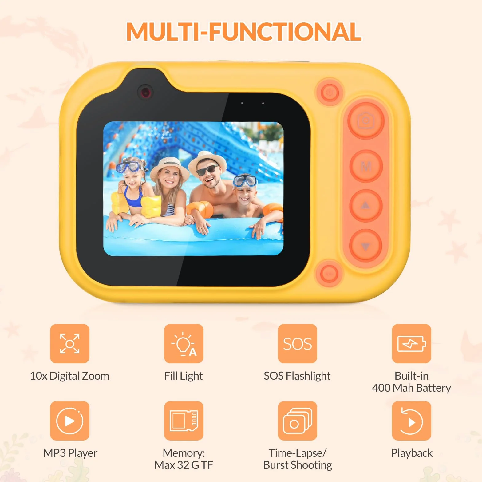 Mafiti Kids Fotocamera digitale impermeabile Fotocamera subacquea per snorkeling e immersioni con display IPS da 2,4" Fotocamera digitale ricaricabile tramite USB (Arancione)
