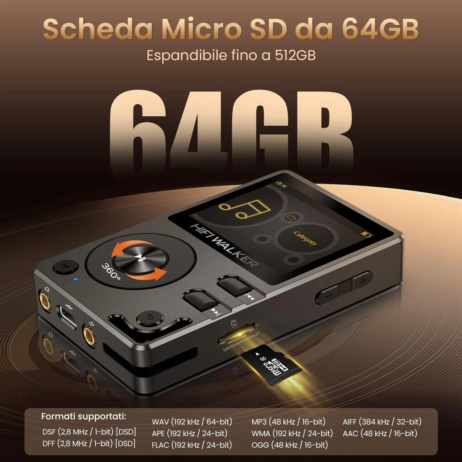 HIFI WALKER H2 Lettore MP3 Hi-Fi, Player Musicale Lossless con SD 64GB Inclusa, DAC ES9018K2M, Bluetooth 5.2 Bidirezionale, Schermo 2.0" con Tasti Fisici, Supporto DSD128, Lega di Zinco