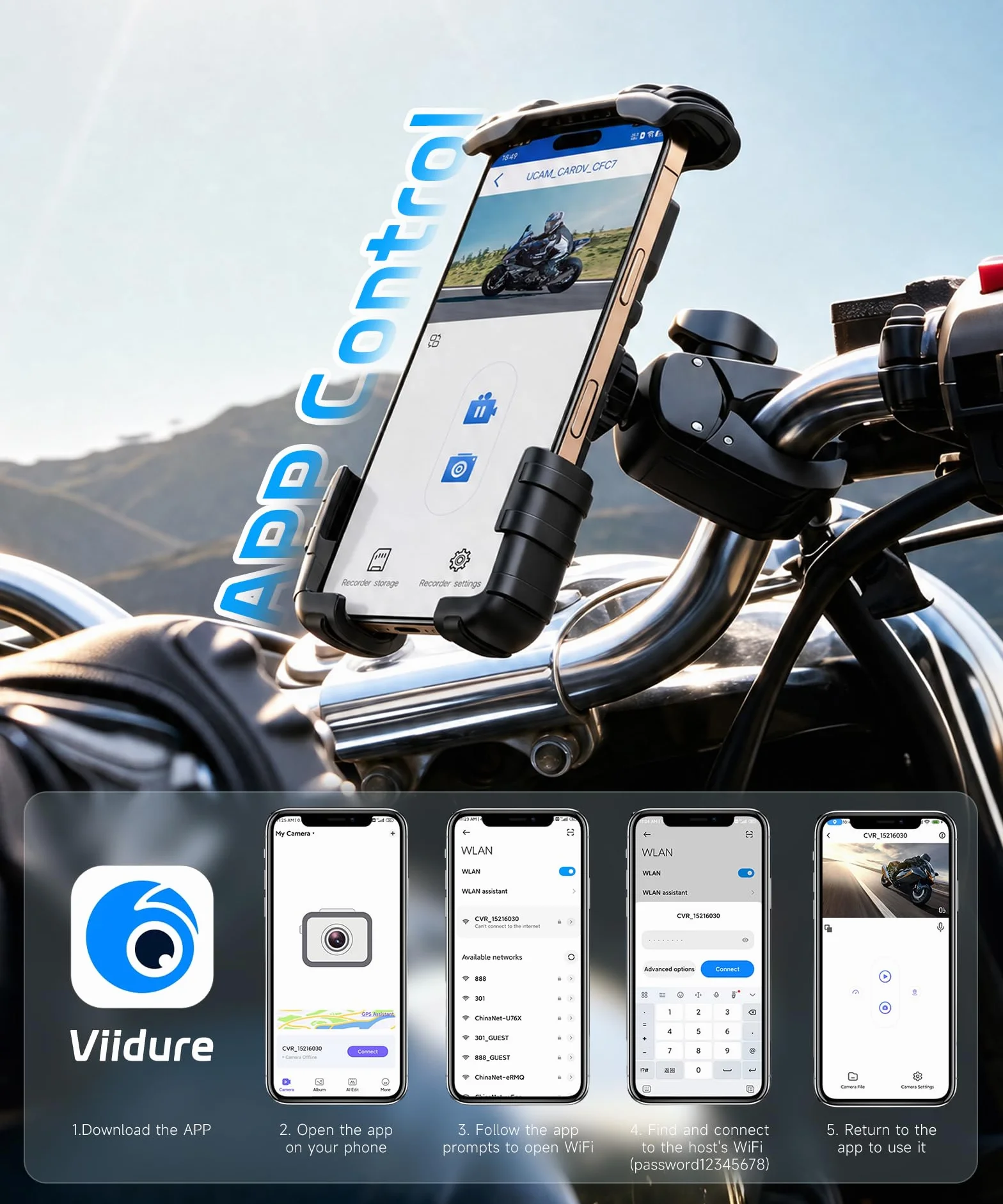 Rimoody Dashcam Moto 1080P Miniaturizzata - Telecamera Anteriore/Posteriore con Rilevamento Collisioni, Registrazione a Ciclo, Modalità Parcheggio, WiFi, per Motocicletta