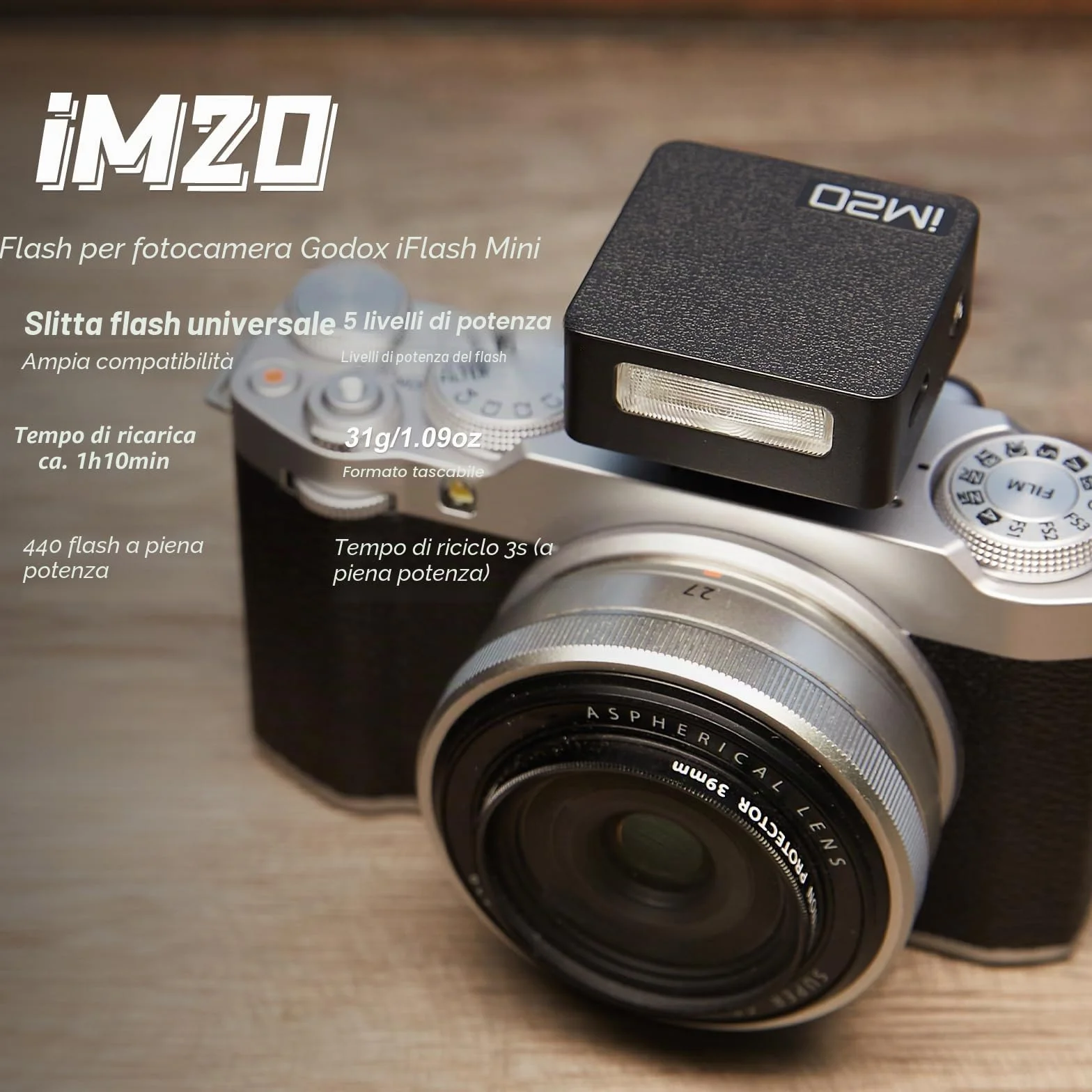 GODOX iM20 - Mini flash per fotocamera, 5 livelli di potenza, 6000 K ± 200 K 440 Flash Full-Power Godox im20 Mini Flash per Canon Sony Nikon Fuji Olympus