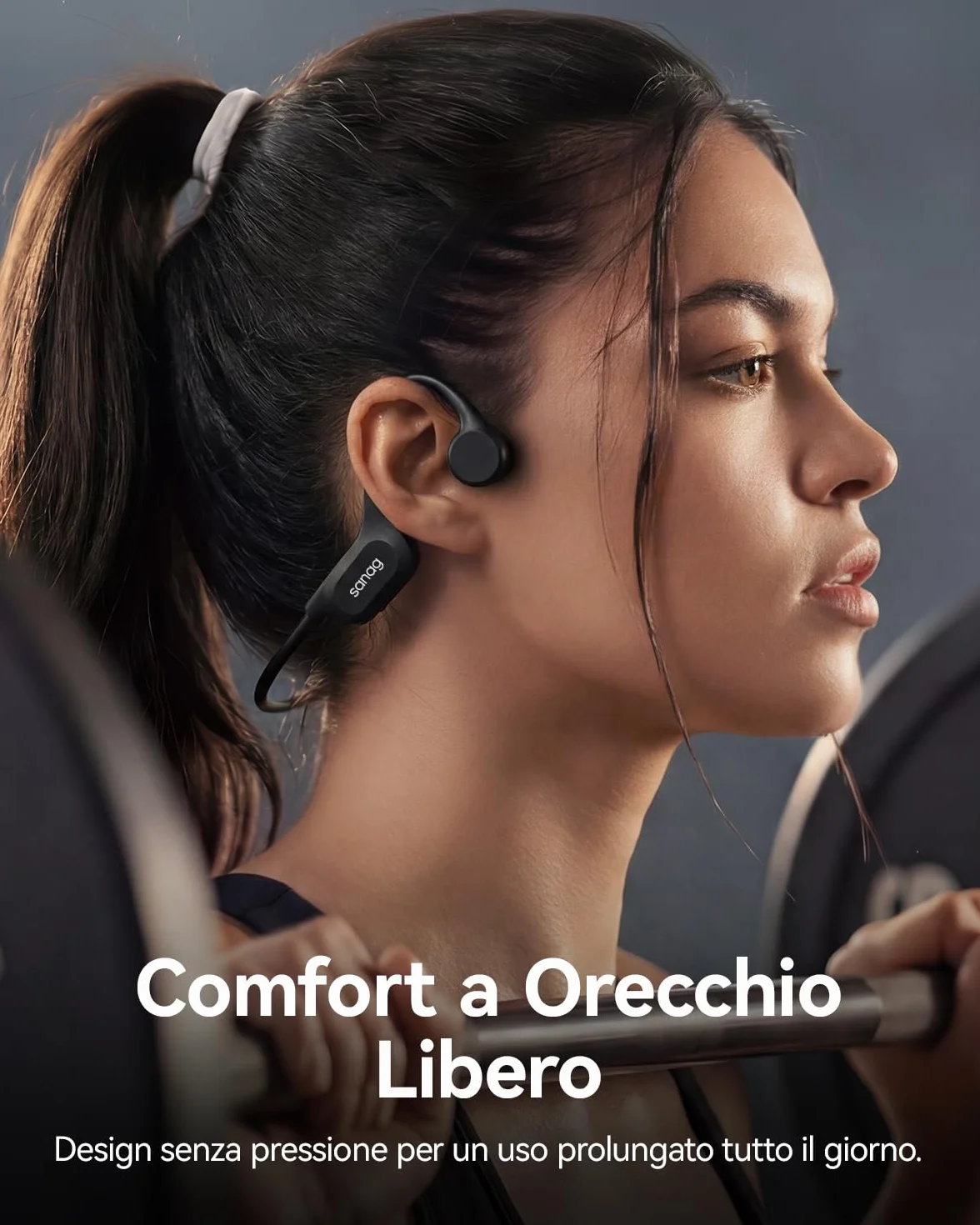 SANAG Cuffie Conduzione Ossea, Bluetooth 5.3 Cuffie Sportive Wireless, Impermeabili IPX8 con Memoria Integrata, Design Open-Ear, Tasti Fisici Tattili, per Corsa, Fitness e Nuoto, Nero