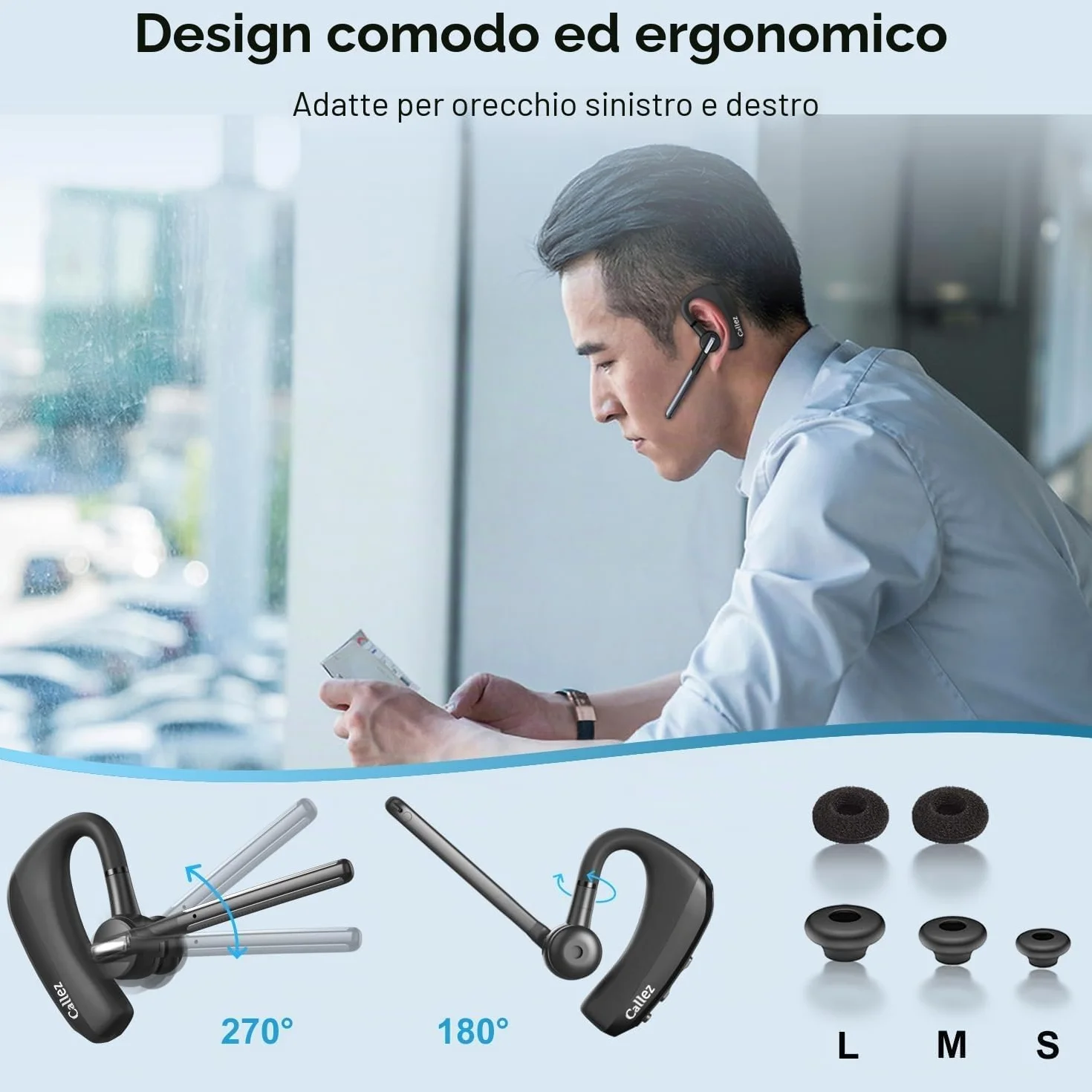 Callez Auricolare Bluetooth per iPhone Samsung Cellulare, Auricolari Bluetooth Singolo V5.0 con CVC8.0 Doppio Microfono ENC Cancellazione del Rumore Cuffie Wireless per Guida Ufficio Lavoro