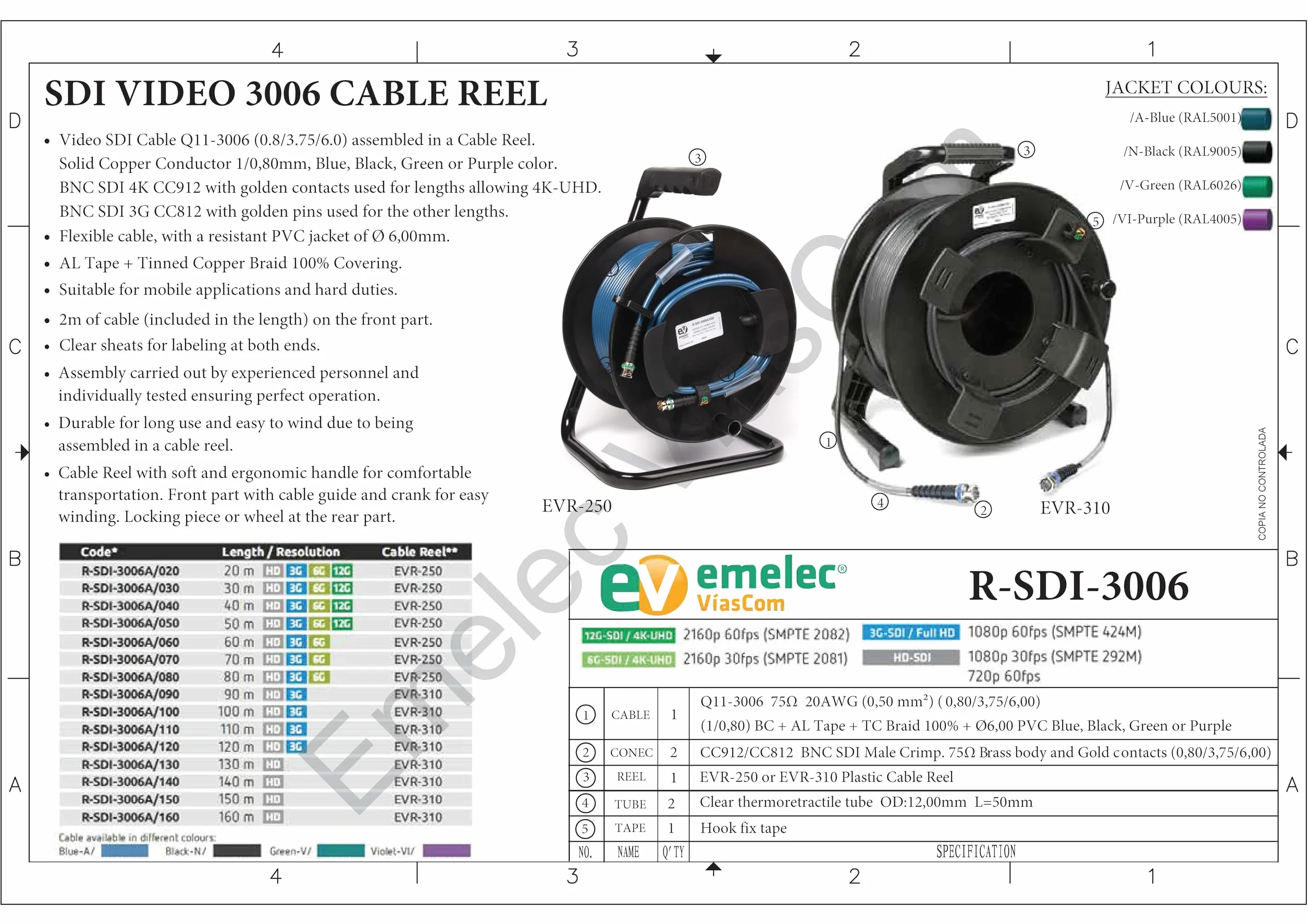 R-SDI-3006N/050-50m Cavo Video 4K-UHD 12G-SDI (0.8/3.75/6.0) Montato su Portacavi con BNC 4K-UHD - Driver Unifilare - Colore Nero - PVC flessibile