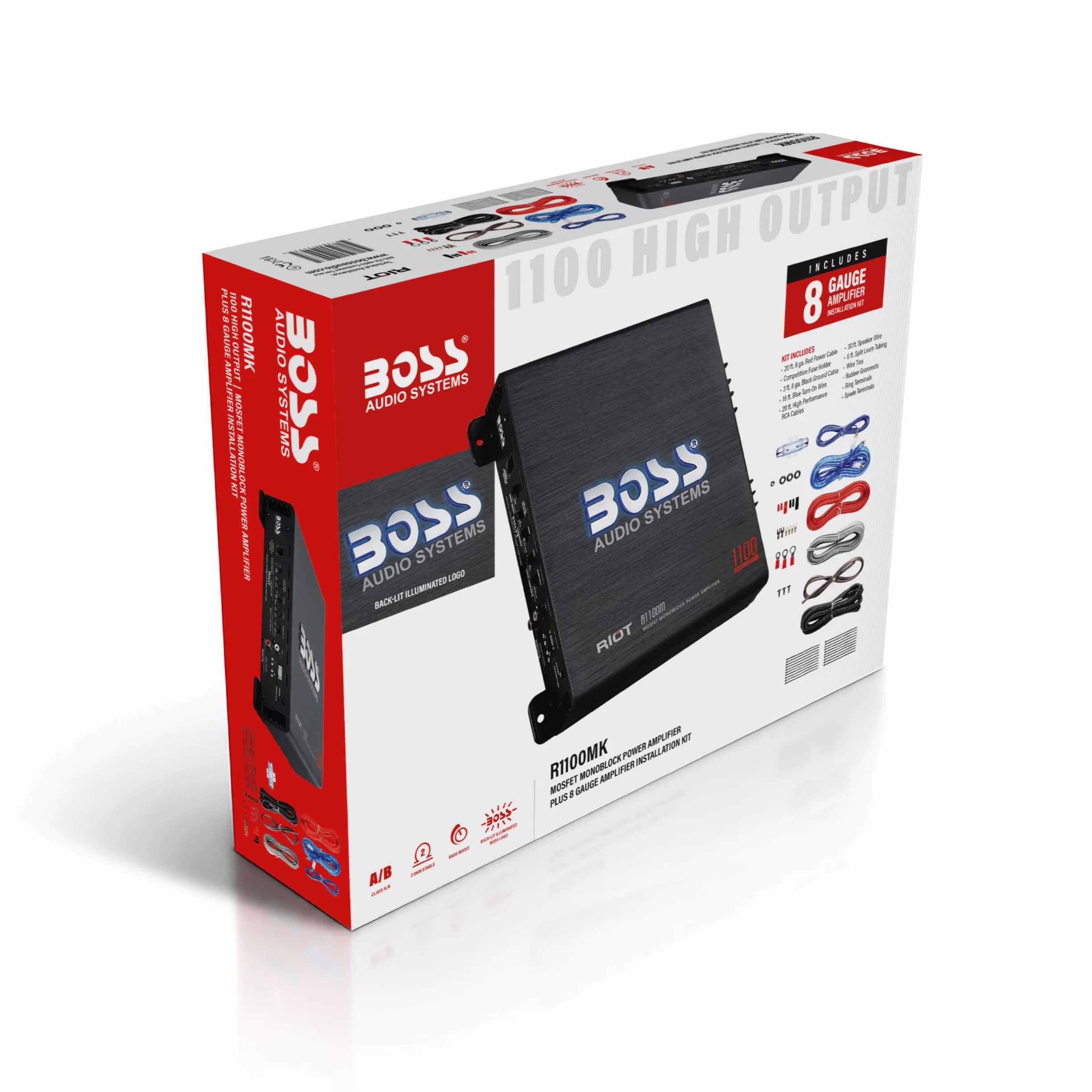 BOSS Audio Systems R1100MK - Amplificatore per auto e kit di cablaggio da 8 gauge, potenza massima 1100 Watt, stabile 2-4 Ohm, classe A/B, monoblocco, alimentatore Mosfet, controllo remoto del