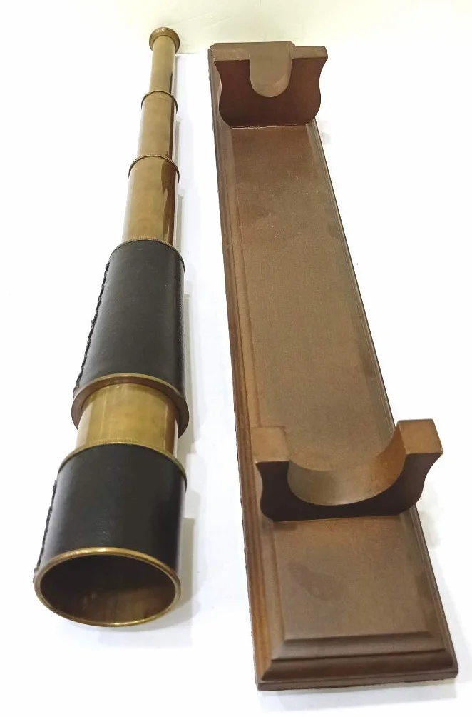Cannocchiale vintage, marrone antico, lunghezza 45,7 cm, fatto a mano, da collezione, con base in legno