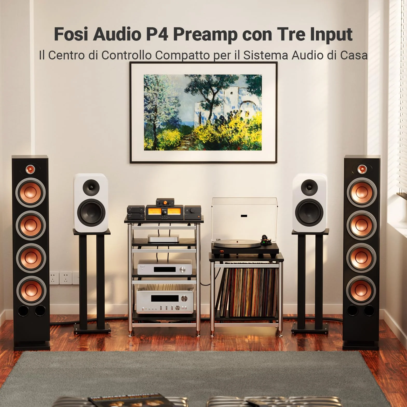 Fosi Audio P4 Mini Preamplificatore Stereo con 3 Ingressi RCA, Guadagno Regolabile 3/6/9 dB, Controlli Bassi e Alti