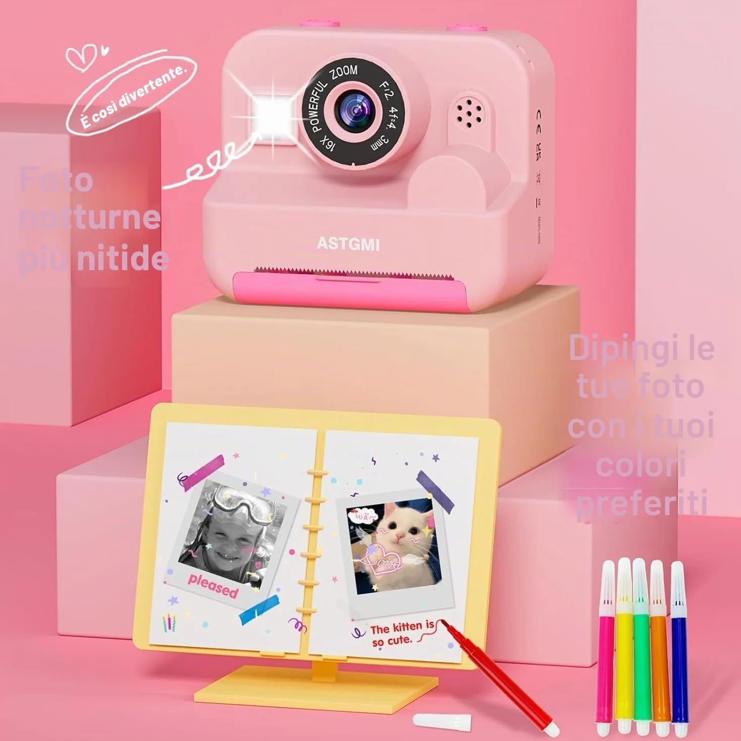 ASTGMI Macchina Fotografica Bambini Istantanea, 2,4 Pollici 1080P Fotocamera Bambini Selfie con Carta da Stampa e 32GB Scheda, Giocattolo Regalo di Natale Bambino e Bambina 3 4 5 6 7 8 Anni (Rosa)