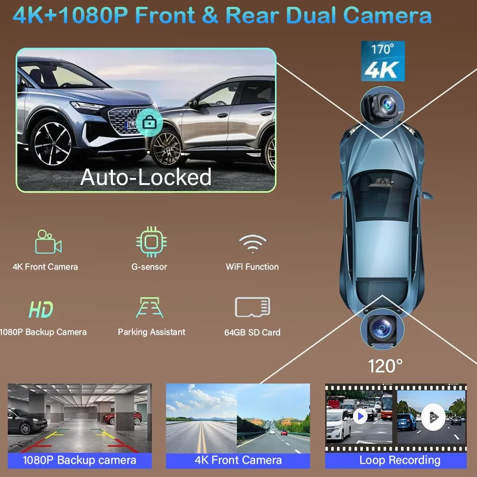 Wireless Carplay Screen 10.26" 360 Rotazione 4K Dash Cam Android Auto Stereo con 1080p Backup Camera GPS Navigation