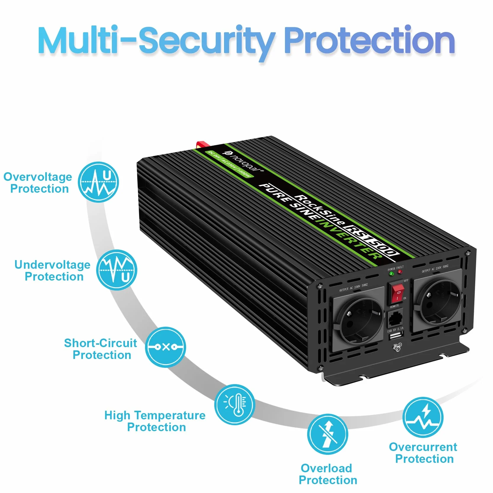 Novopal 1500W 3000W Inverter Onda Sinusoidale di Potenza,DC 12V in AC 220V Inverter di Tensione,2 EU Presa con Uscita USB,5 Metri di Telecomando,Adatto per Famiglia, Campeggio, Viaggi