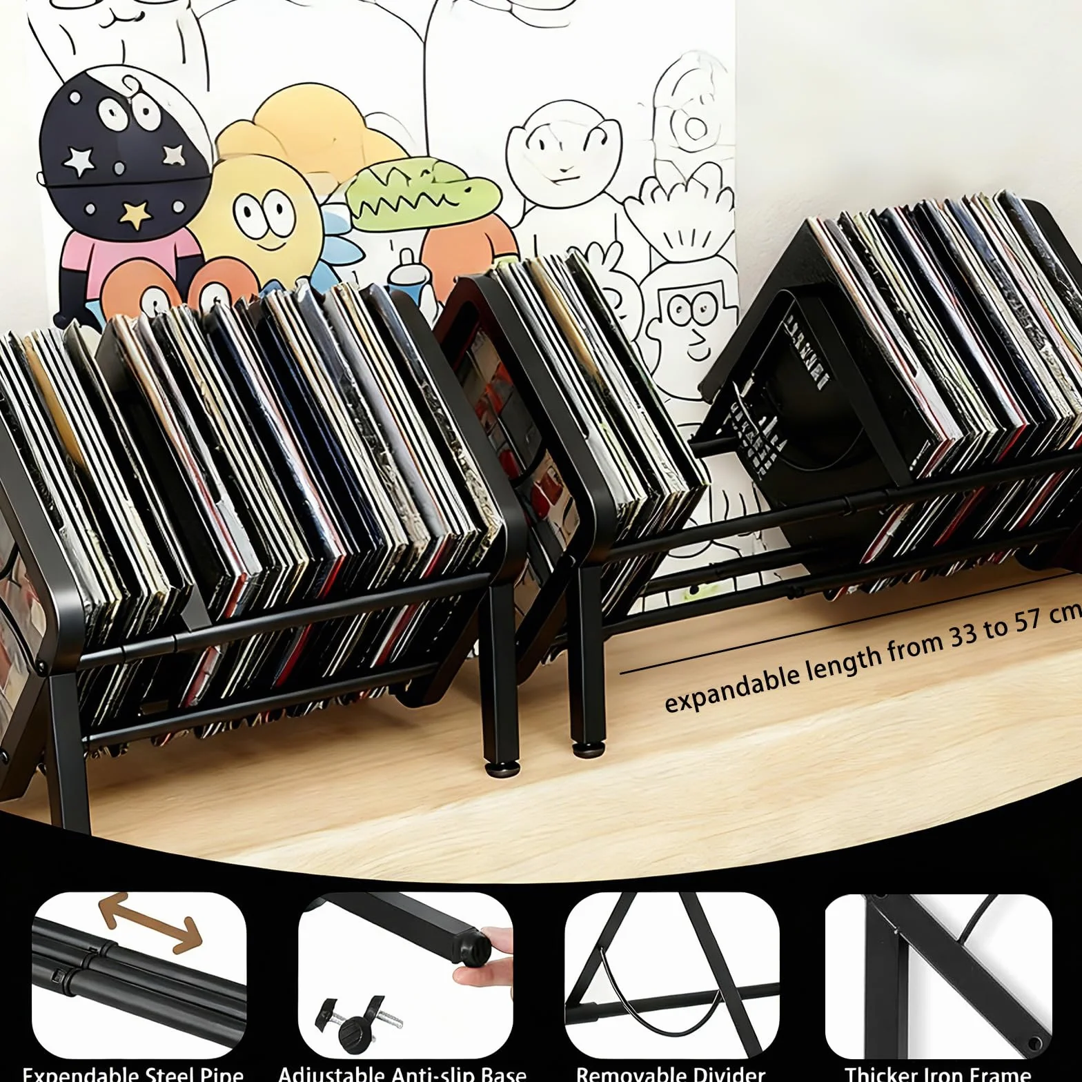 Scaffale regolabile per dischi in vinile, espandibile da 80 a 100 LP, supporto per dischi in vinile, inclinabile, per ufficio, casa, camera da letto, per CD, libri, riviste, documenti