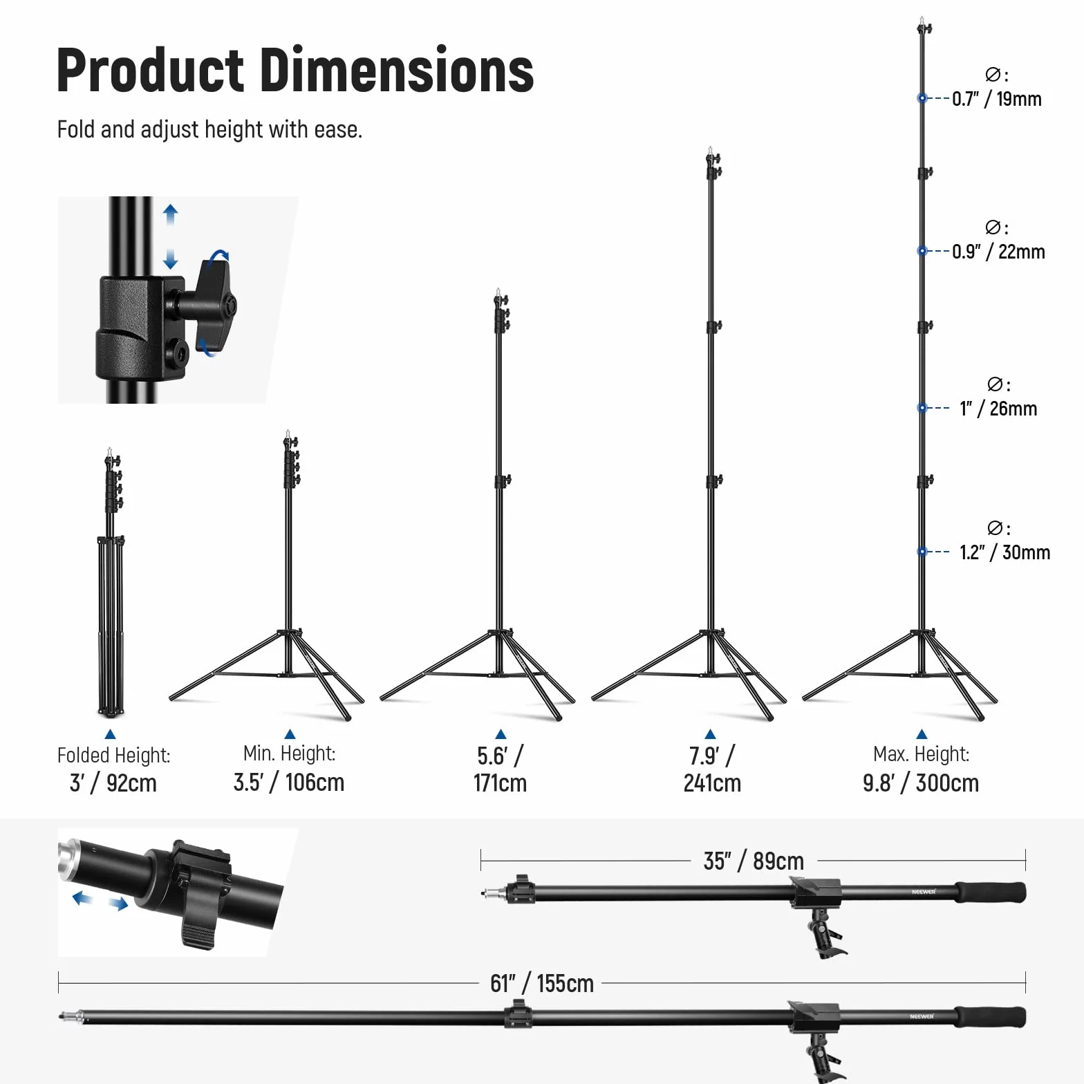 NEEWER Supporto per Luci in Alluminio, Supporto Fotografico Regolabile 9,8 Piedi/3 Metri, Braccio a Braccio, Contrappeso, ecc, Vite 1/4" per Softbox, Luce Studio, Flash, Ombrello, Max:5kg