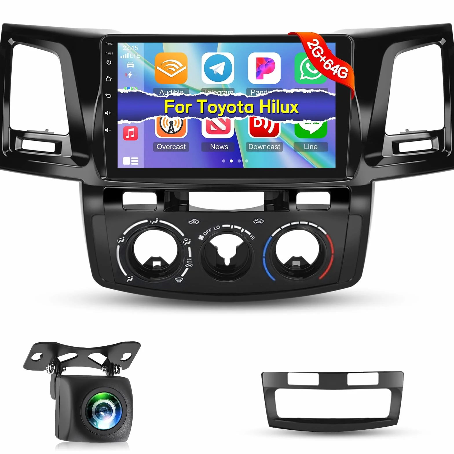 NHOPEEW 2G+64G Android Autoradio per Toyota Hilux 2005-2014 - Senza fili Carplay e Android Auto - 9 pollici Android Stereo con WiFi EQ GPS Mirror Link FM RDS + AHD Telecamera posteriore&Mic