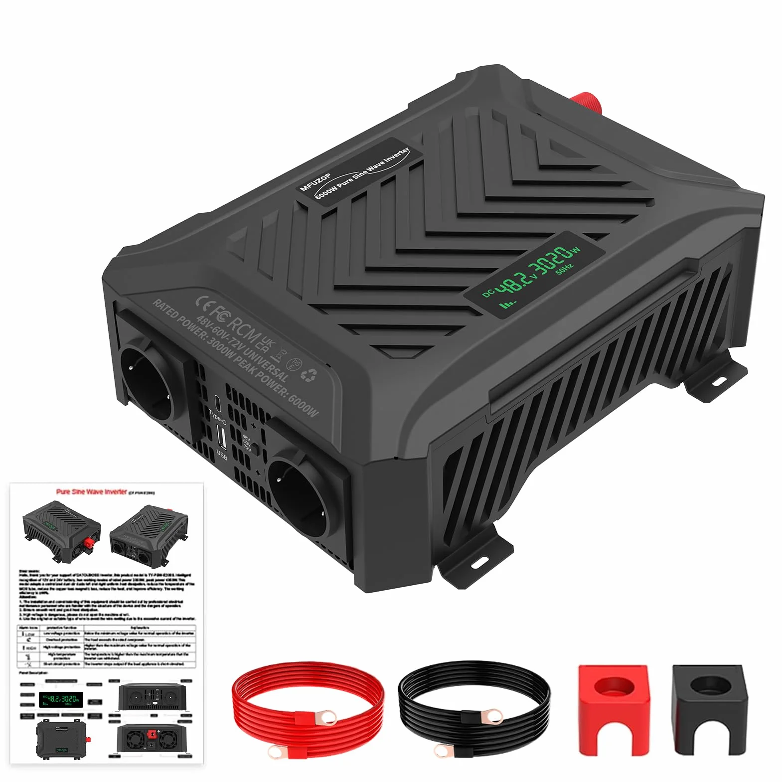 Power Inverter 48V/60V/72V a 230V Onda Pura 3000w/6000w, Convertitore di Tensione con Sistema di Rilevamento Intelligente, Ingresso Regolabile, Display LCD, 2 AC, 1 Type-C, 1 USB 5V 2.1A