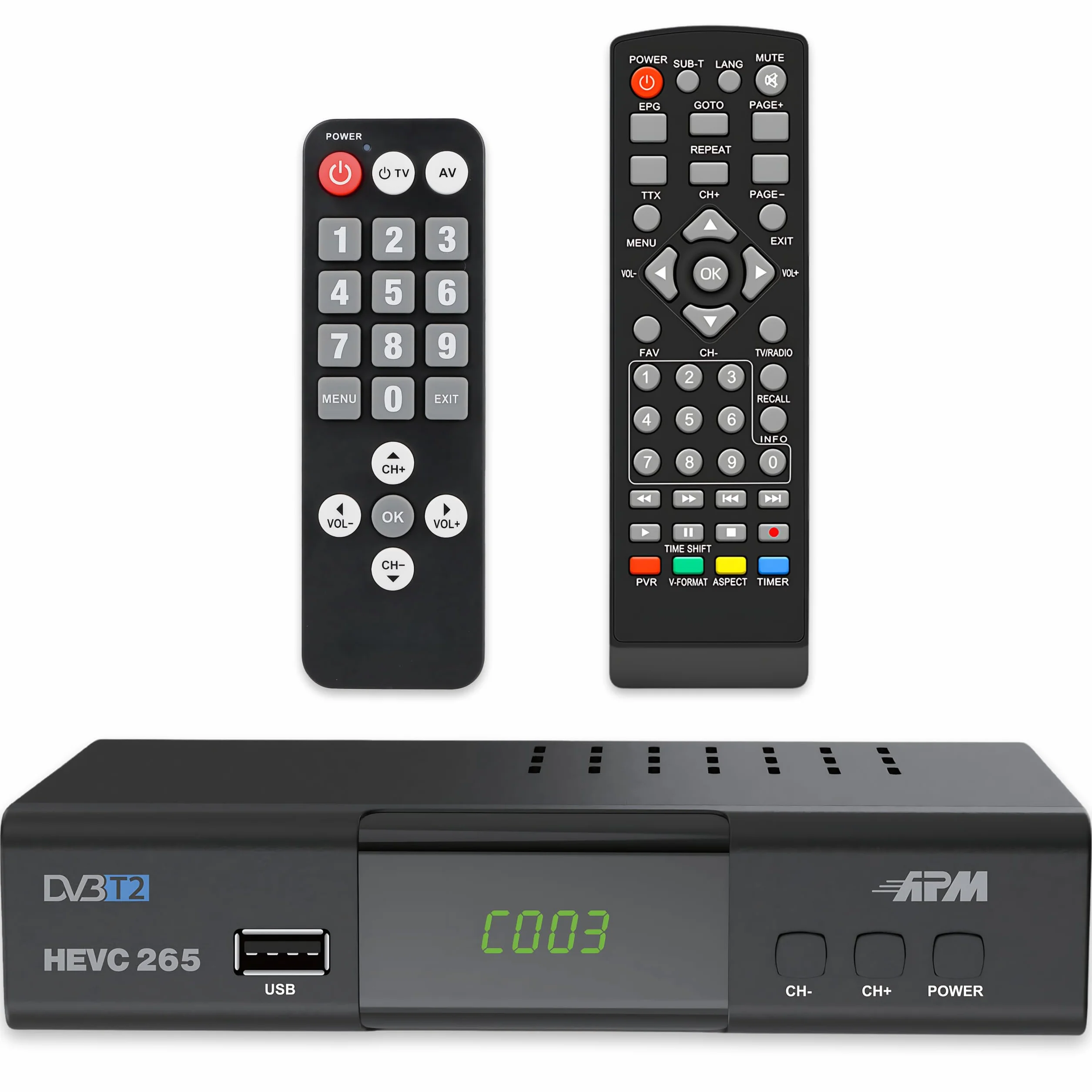 APM Decoder TNT Full HD 1080p H.265 HEVC DVB-T2 DVB-C HDMI SCART USB Coax