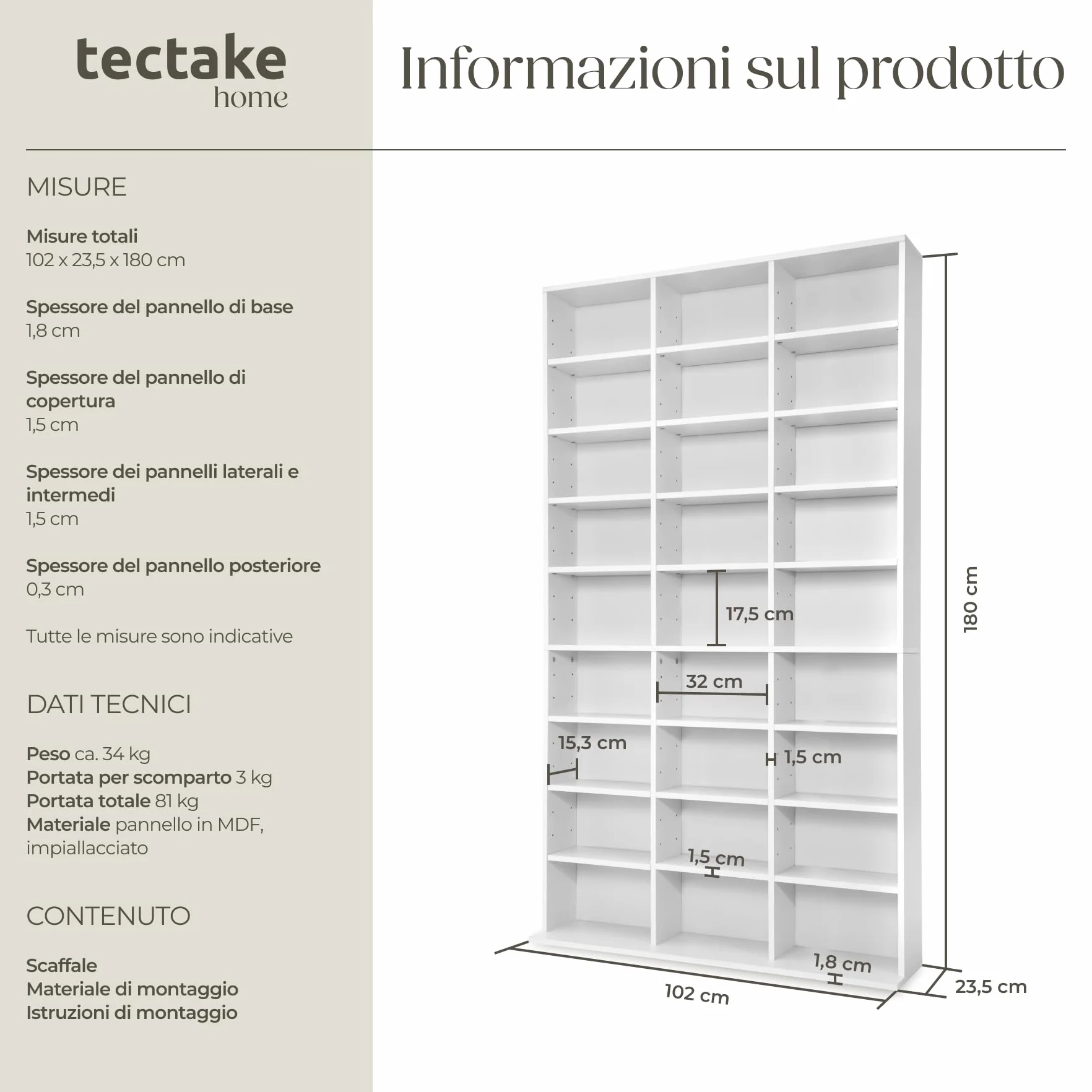 tectake® Scaffale Porta CD DVD Archiviazione 1080 CD, Supporto di Archiviazione, 27 Piani, Facile da Montare, Materiale MDF con Rivestimento Plastico, Dimensioni 180x102x23,5 cm, Peso 34 kg - Bianco