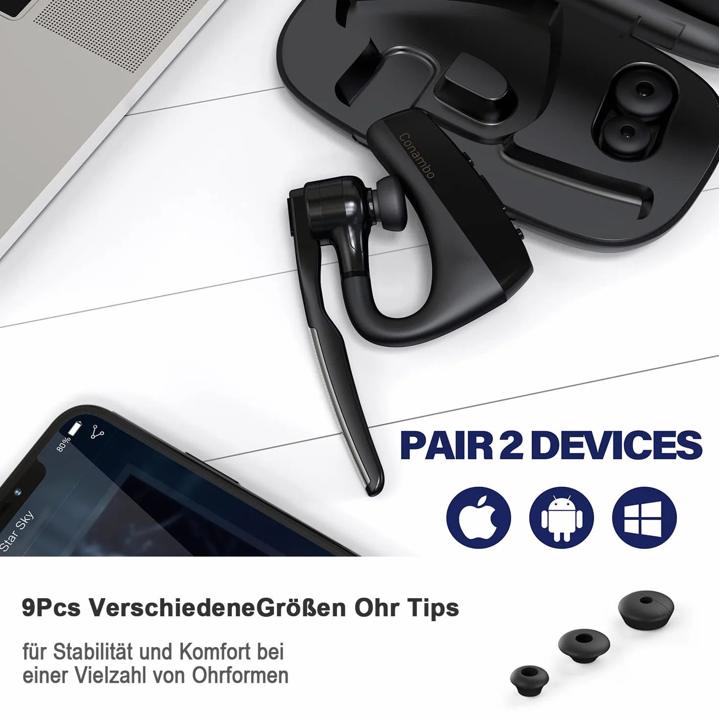 Conambo K18 - Cuffie Bluetooth V5.1 CVC8.0 con cancellazione rumore, 16 ore conversazione, auricolare microfono cellulare camionista, autista ufficio