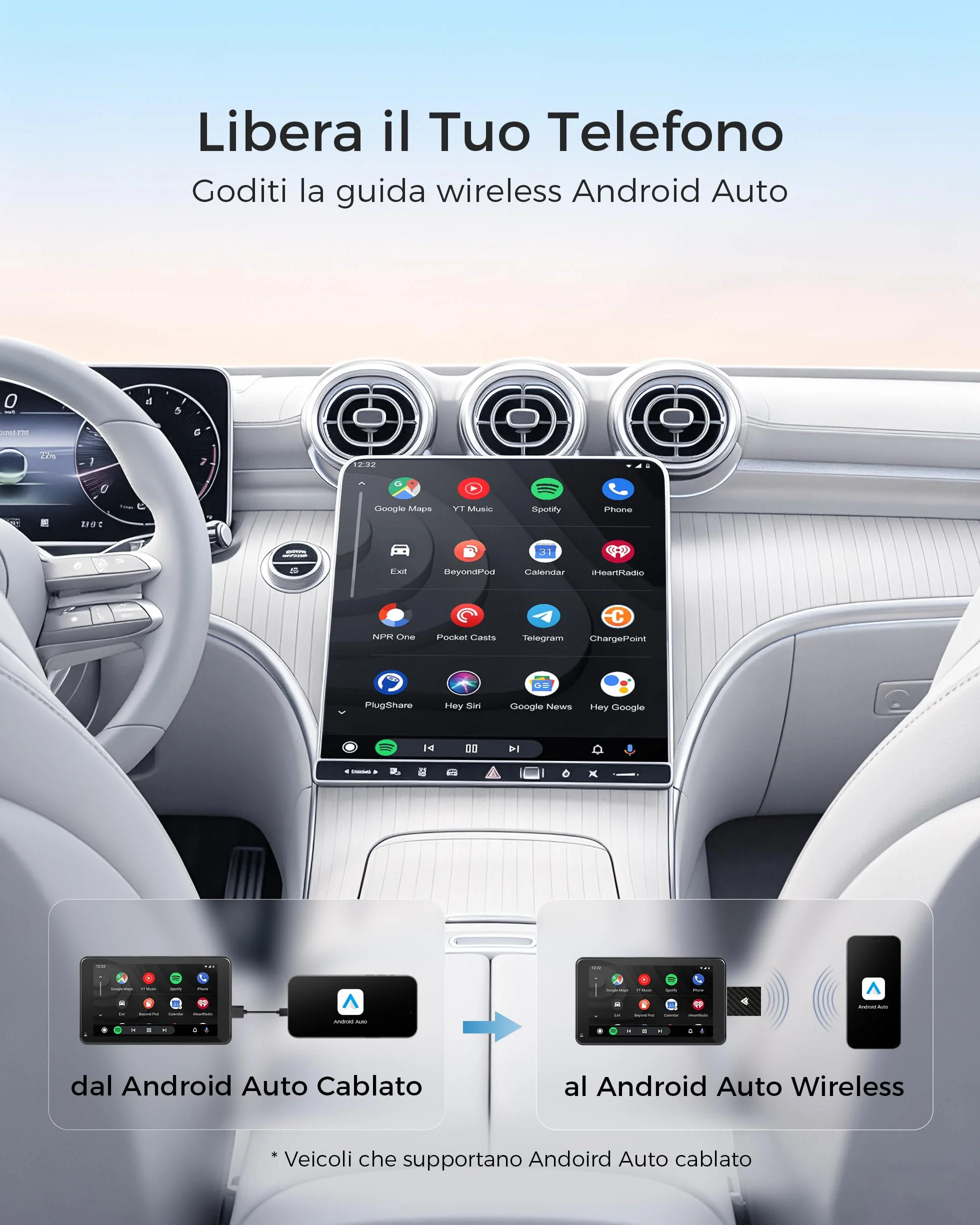 Adattatore Android Auto Wireless, AA Wireless per Android 11+, Bluetooth V5.3, Dual Core a WLAN 5.8GHz, Veloce e Stabile