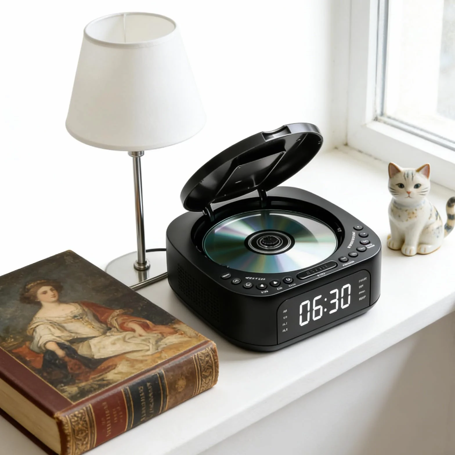 Lettore CD portatile con Bluetooth, radio FM, lettore CD MP3 con doppio altoparlante stereo, sveglia, SleepTimer, lettore CD ricaricabile, supporta USB/AUX, display grande, telecomando, nero