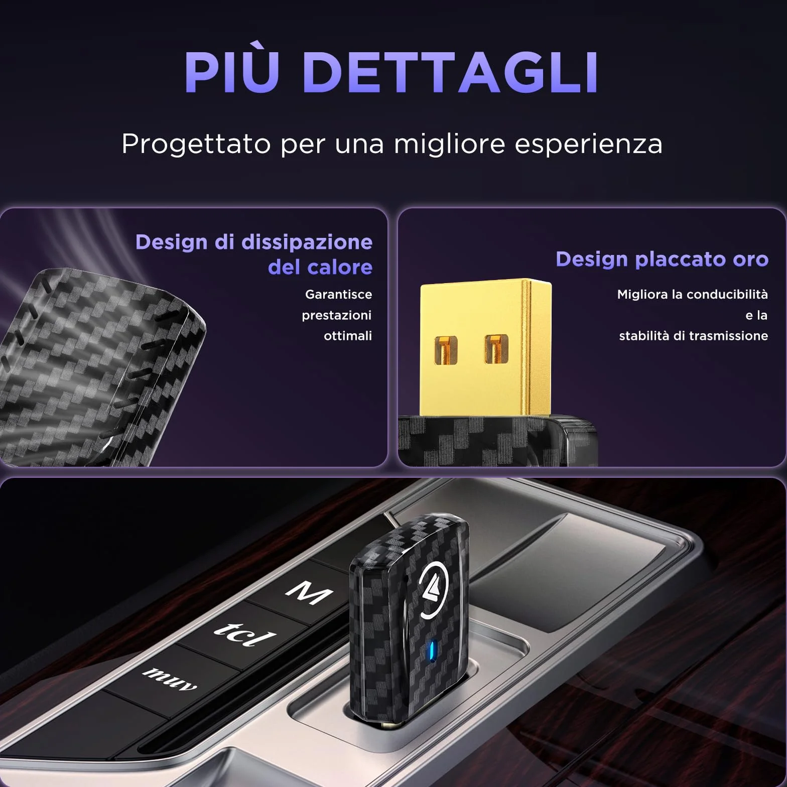 MSXTTLY Adattatore Wireless CarPlay e Android Auto U2AC-01, Converte CarPlay/Android Auto Cablato in Wireless, compatibile con iPhone 17/16/15/14/13/12 R e Android 11+, USB-C/USB-A, Nero