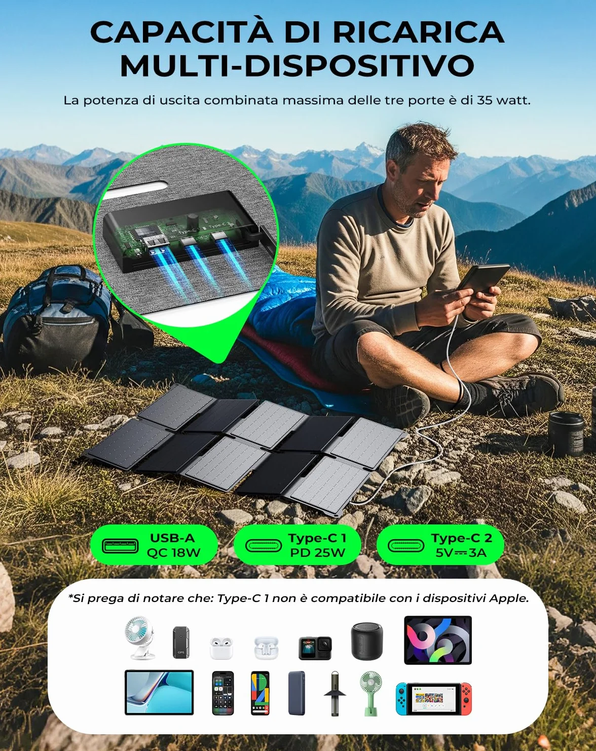 BigBlue Caricabatterie Solare Portatile 35W con Ricarica Rapida USB-A e PD25W USB-C per Camping e Trekking, 0,7 kg Impermeabile IP68, Caricabatterie Solare Pieghevole per iPhone/Android iPad Powerbank