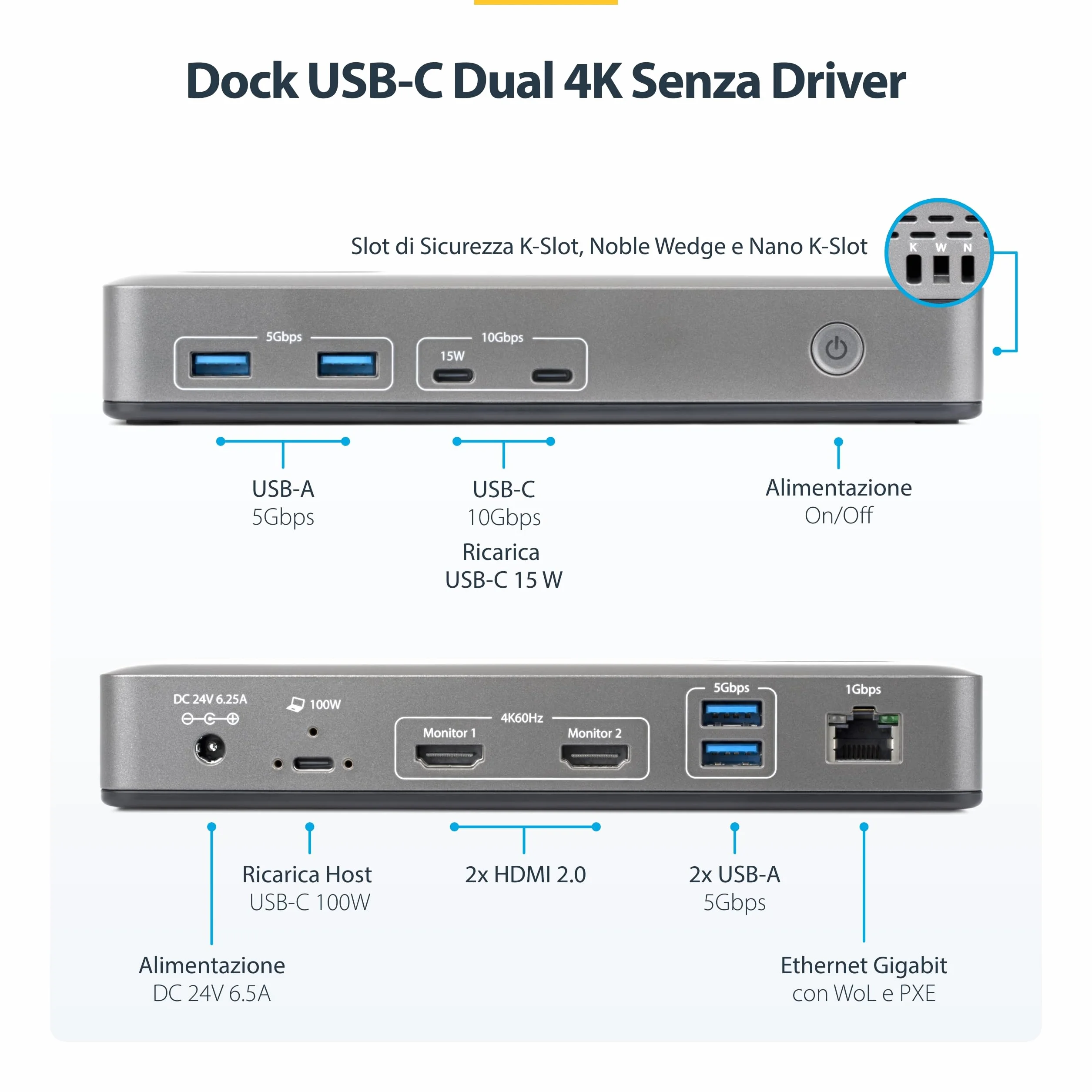 StarTech Docking station USB-C Dual Monitor, 2x HDMI 4K 60Hz, PD 100W, 6x USB 10Gbps, Gigabit Ethernet, Driverless, DockpPer Laptop Windows DP Alt Mode