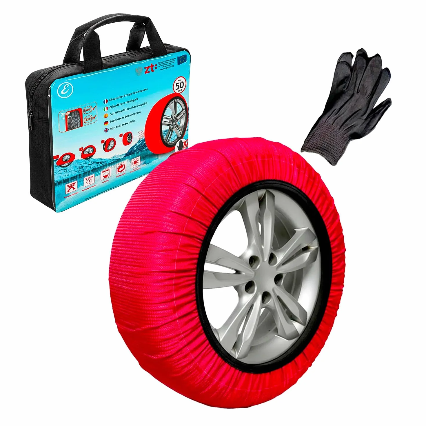 Calze da Neve Omologate EN 16662-1 Per Auto SUV Furgoni Coppia di Catene Tessili Antisdrucciolo per Pneumatici R13-R19 Facili da Montare Con Guanti e Borsa (M)