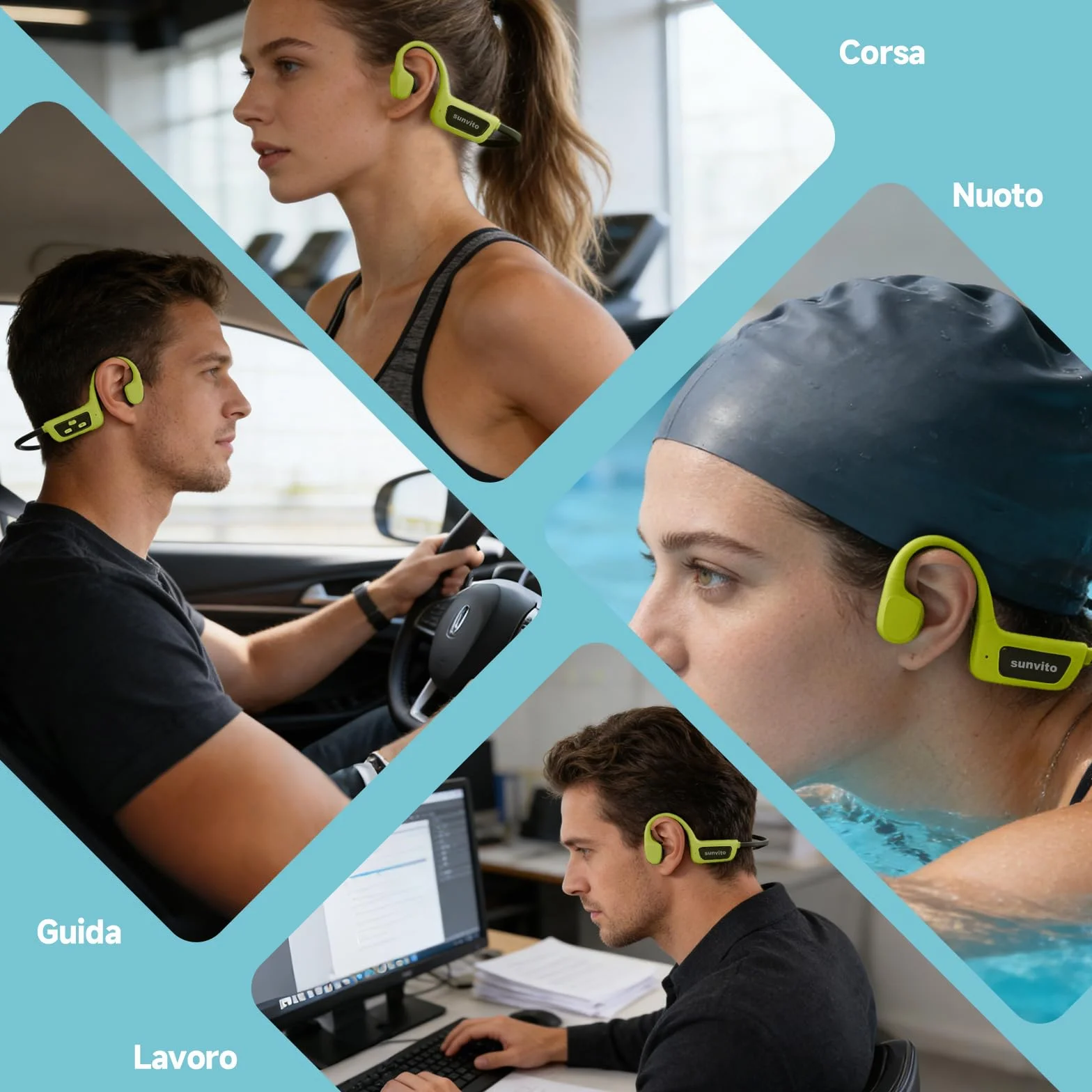 Cuffie a conduzione ossea per nuoto, Cuffie wireless impermeabili IPX8, Cuffie sportive aperte Bluetooth 5.4, Lettore MP3 integrato da 8GB, Adatte per palestra, ciclismo, Verde