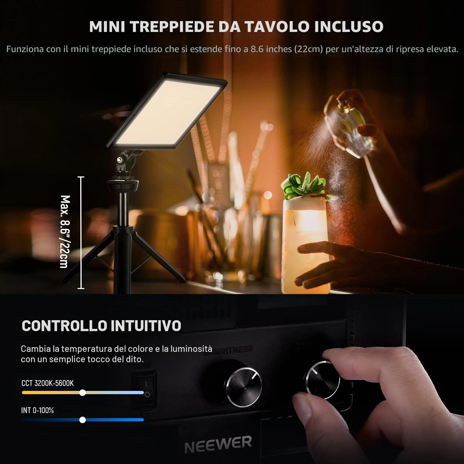 NEEWER 9" Pannello Luce LED, luci soffusa dimmerabile per fotocamera DSLR con mini treppiede, batteria 4000mAh, porte USB tipo C, 3200K~5600K CRI95+ 600Lux per fotografia, video, streaming, NL-116AI