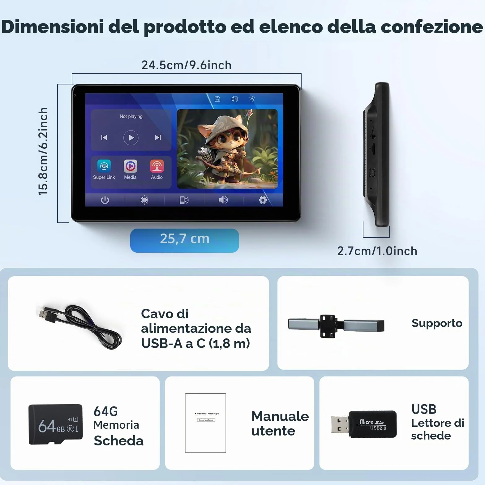 Lettore video da 10,1 pollici per poggiatesta auto, TV portatile da poggiatesta per sedile posteriore con Mirror Link wireless, Bluetooth, CarPlay e Android Auto wireless, con scheda TF da 64GB