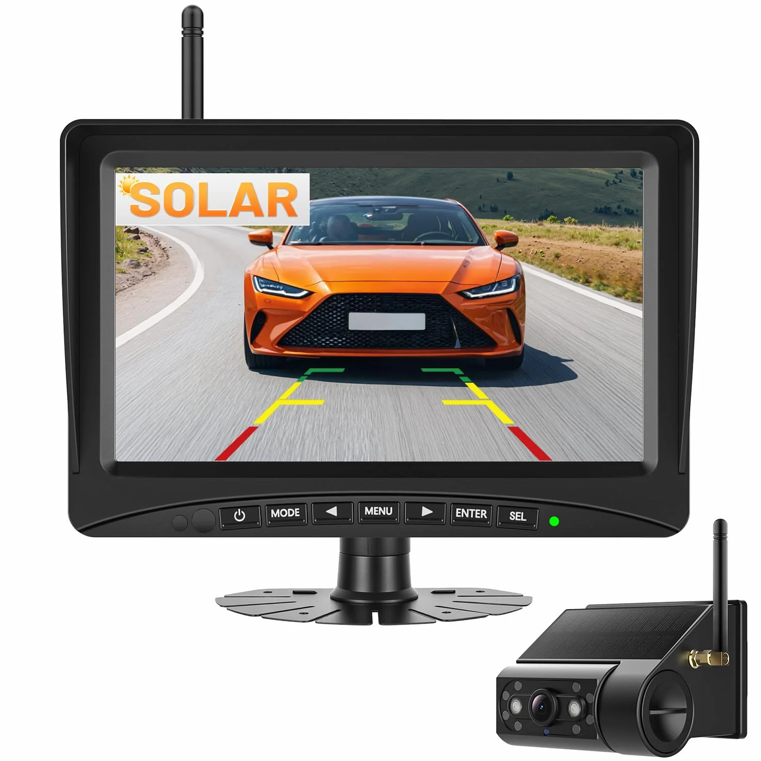 Telecamera di retromarcia senza fili solare 7" Monitor Camera Solare Kit 1080P HD Telecamera di retromarcia IR Visione Notturna IP66 Impermeabile per furgone (7'' con 1 Telecamere)