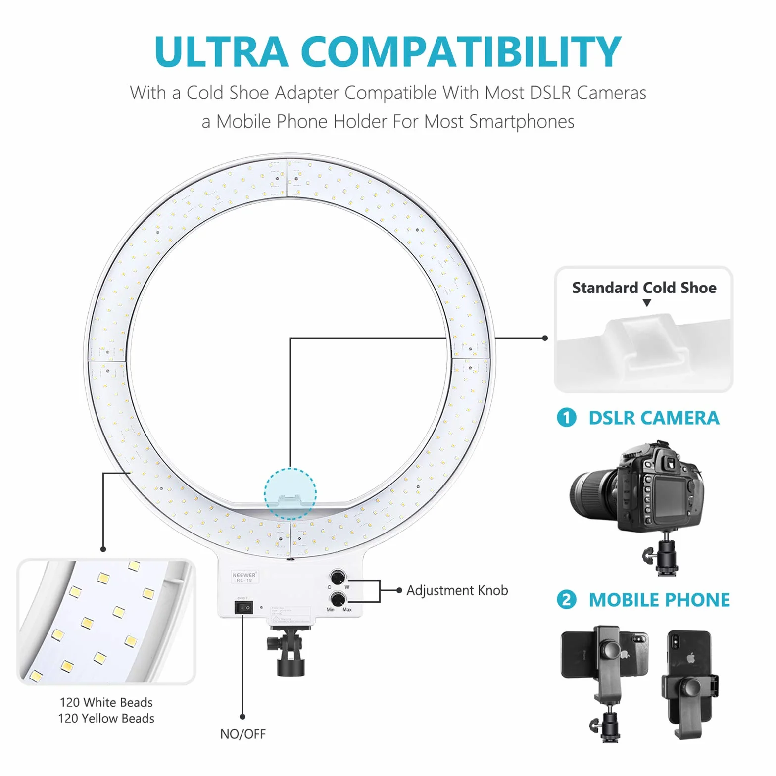 Neewer 46cm Luce LED Anulare Bianca con Cavalletto Dimmerabile 42W 3200-5600K con Filtri Colorati Hotshoe & Supporto Clip per Smartphone per Trucco Youtube Video Fotocamere Smartphone